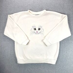 One Way Graphique Cat Embroidered Sweatshirt Womens Medium White Vintage USA